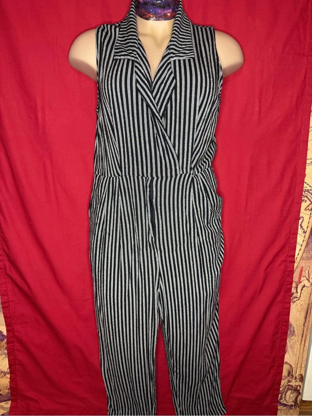 Who What Wear Black & White Vertical-Stripe Sleeveless Jumpsuit